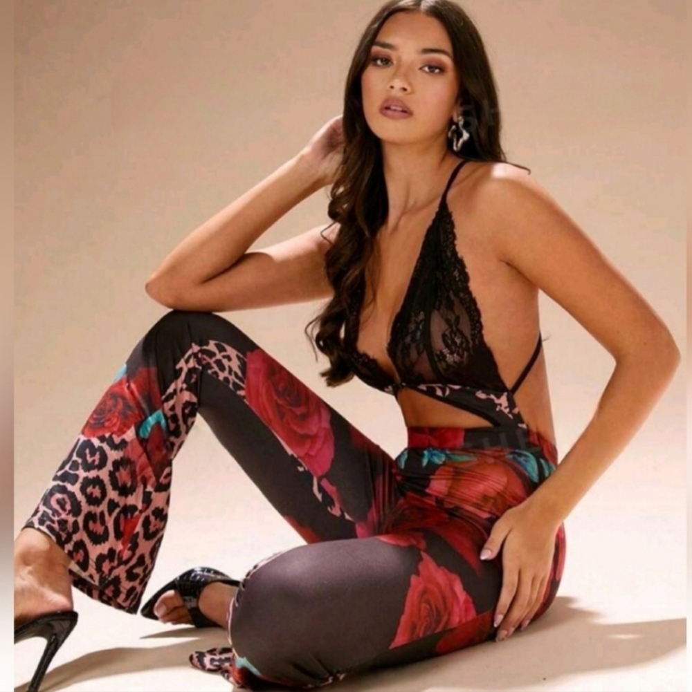 NWT Glamourous Sexy Patchwork Floral Leopard Print Lace Jumpsuit Sz L